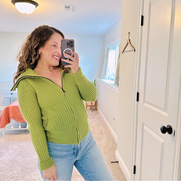 NWT Tuckernuck Souchi Avocado Green Ribbed Wool Cashmere Sweater Zip Small